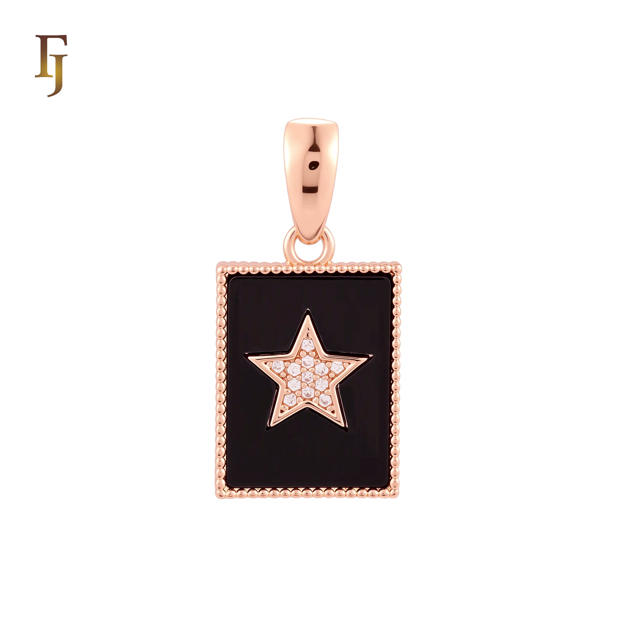 Rectangular black oil painted poker card white CZs Paved Rose Gold Pendant