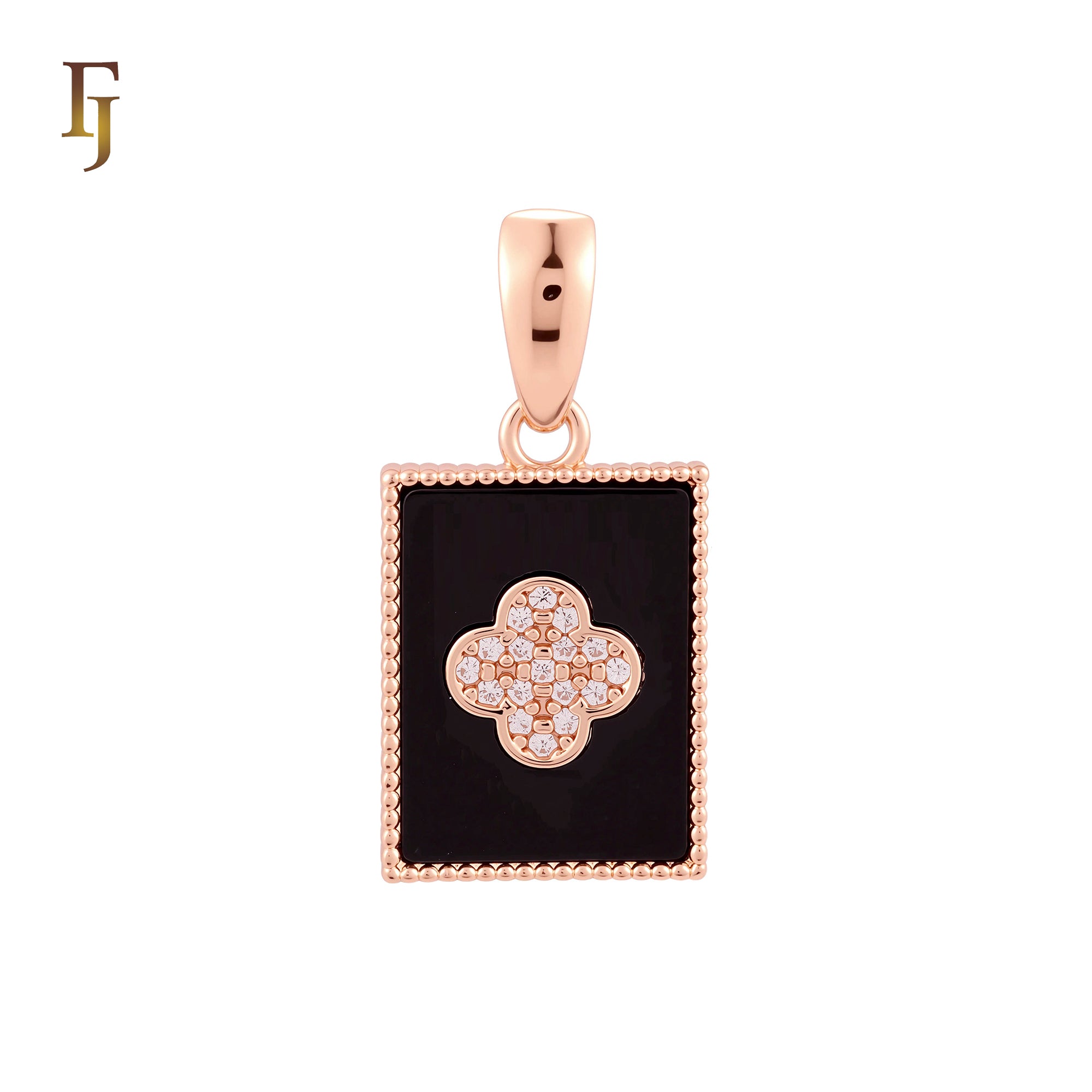 Rectangular black oil painted poker card white CZs Paved Rose Gold Pendant