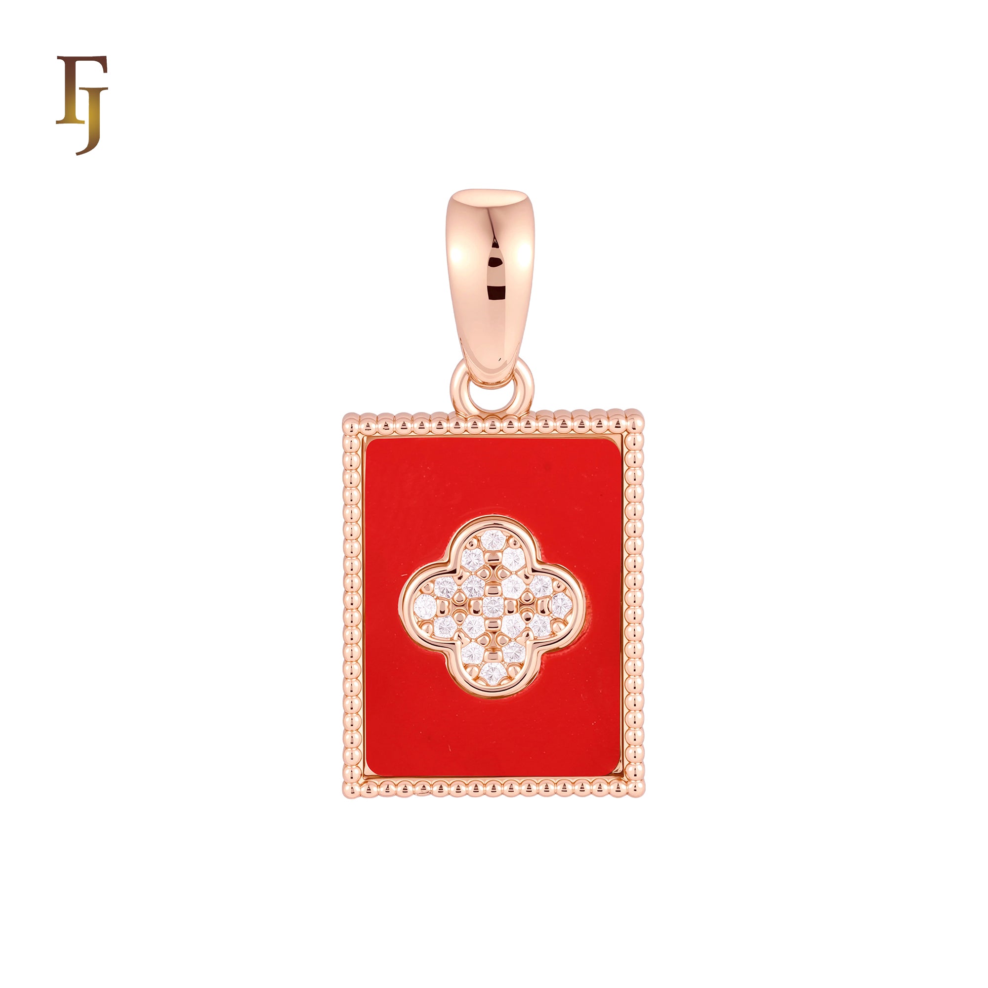 Rectangular black oil painted poker card white CZs Paved Rose Gold Pendant