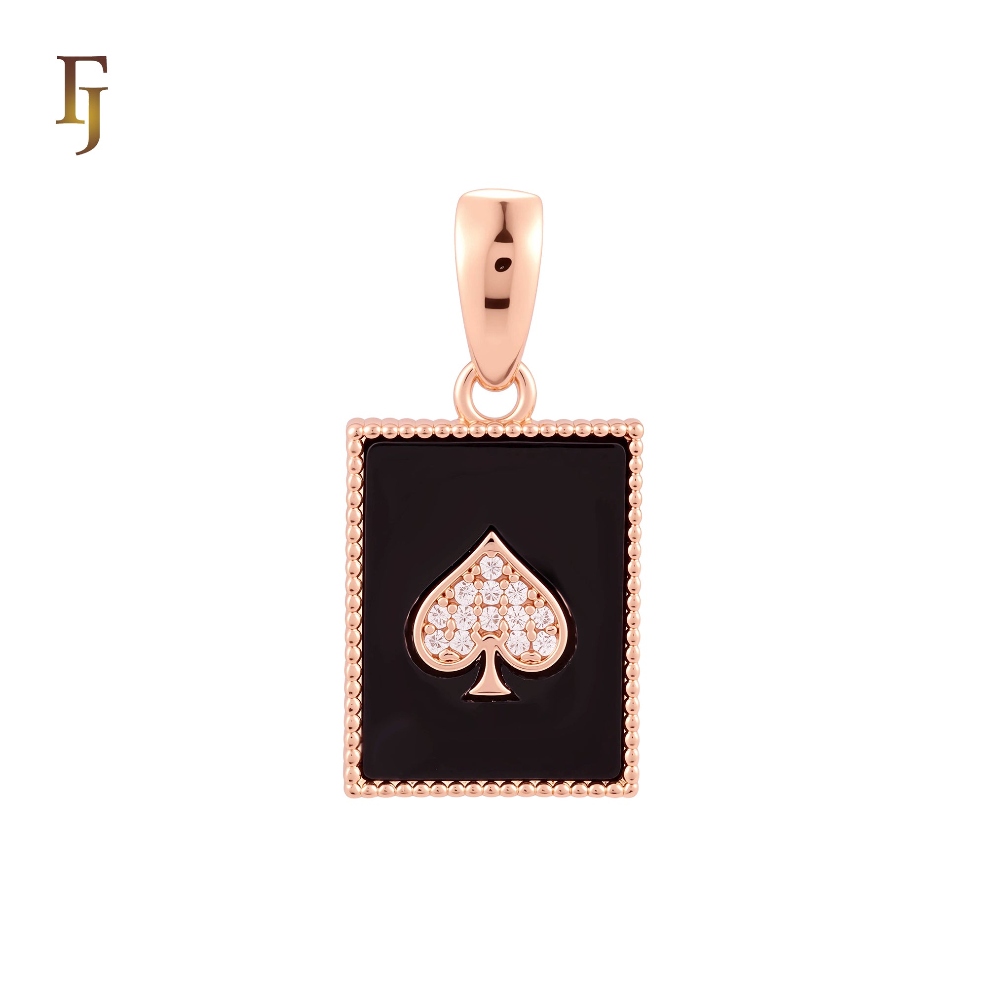 Rectangular black oil painted poker card white CZs Paved Rose Gold Pendant