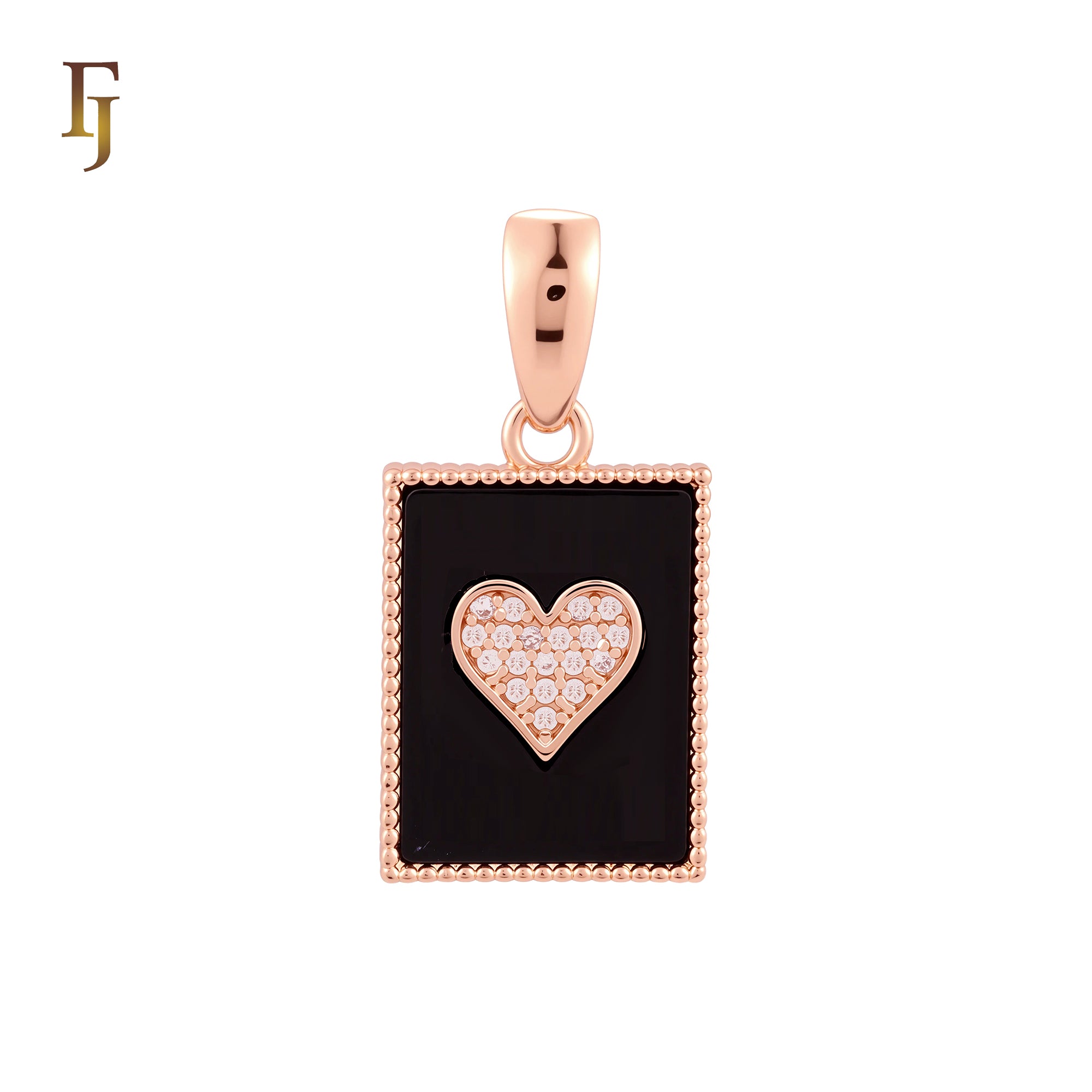Rectangular black oil painted poker card white CZs Paved Rose Gold Pendant