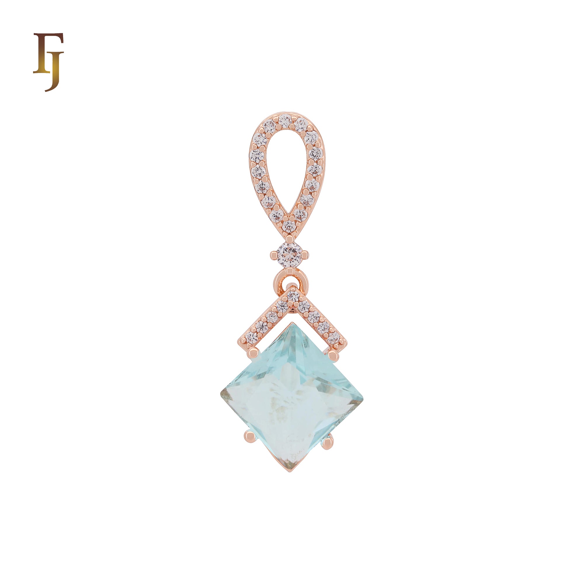 Hängender Anhänger in Rautenform mit seeblauen Zirkonia und weißem Zirkoniaband aus Roségold