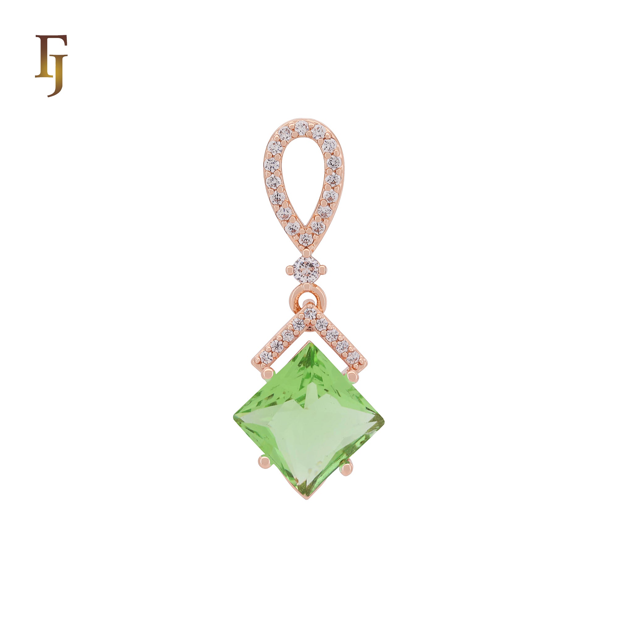 Hängender Anhänger in Rautenform mit seeblauen Zirkonia und weißem Zirkoniaband aus Roségold