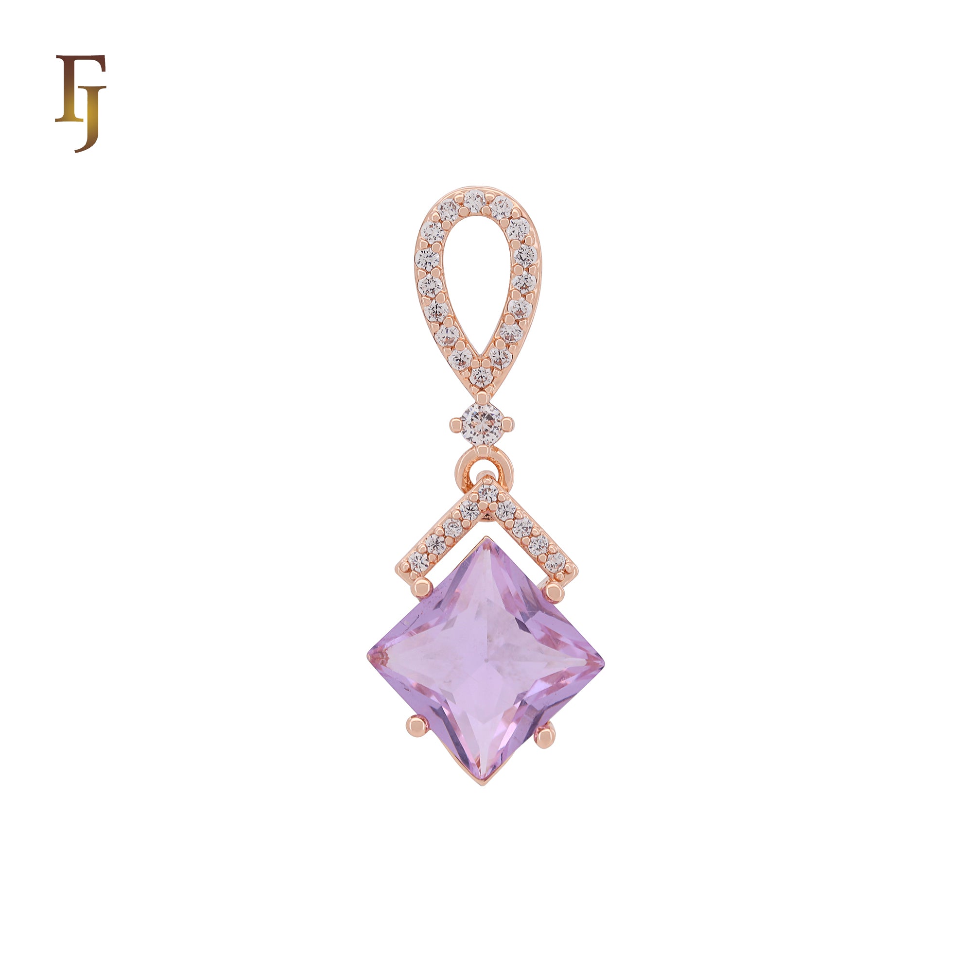 Hängender Anhänger in Rautenform mit seeblauen Zirkonia und weißem Zirkoniaband aus Roségold