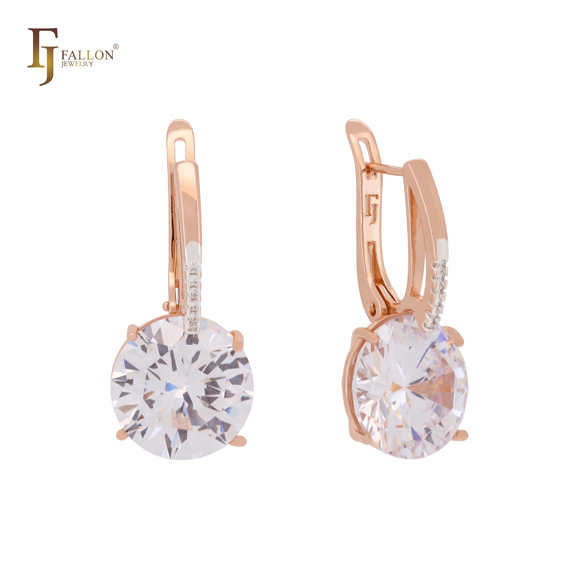 Pendientes de clip bicolor en oro rosa con circonitas cúbicas grandes, redondeadas y coloridas, y circonitas blancas.