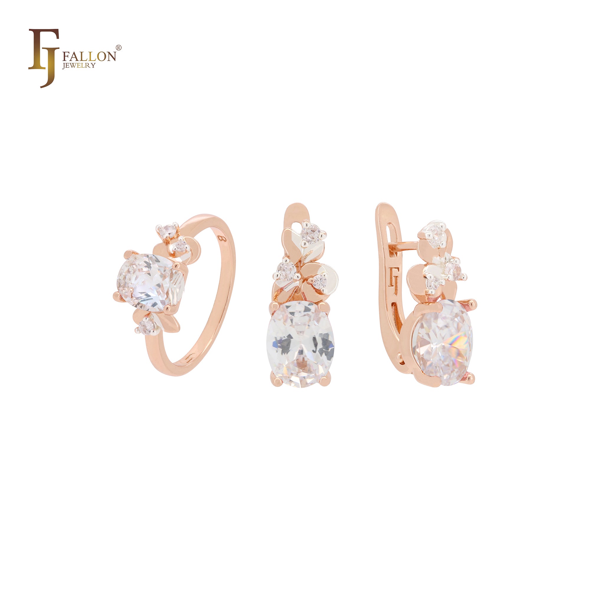 Conjunto de joyas Flora de oro rosa en dos tonos con solitario de circonita rosa de corte ovalado y anillos