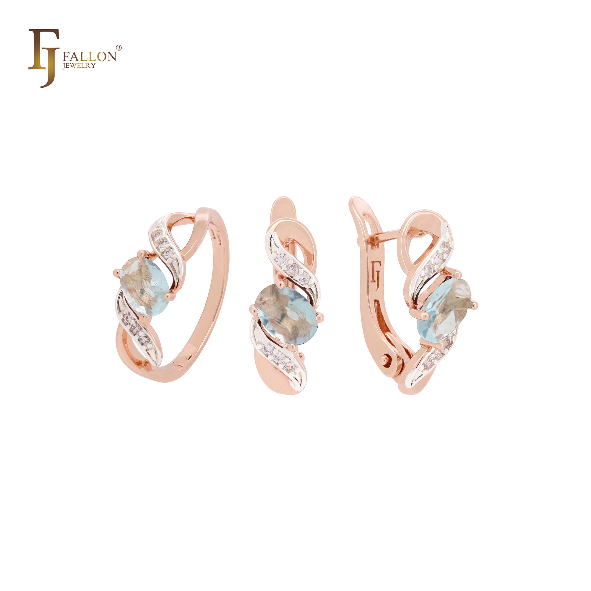 Ribbon clawed oval cut solitaire cz Rose Gold two tone Jewelry Set wit Rings