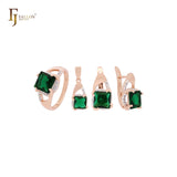 Conjunto de joyas de oro rosa en dos tonos con circonitas cúbicas y esmeralda cuadrada, anillos y colgante
