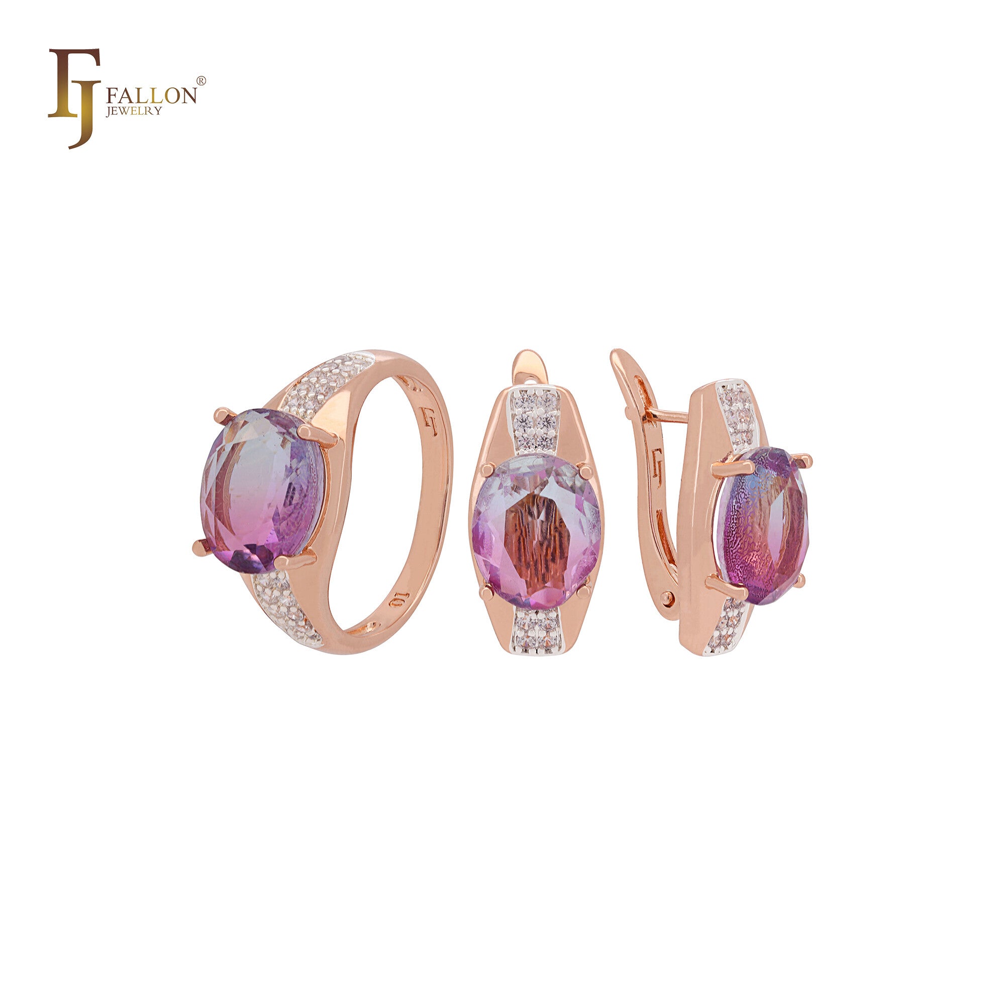Conjunto de joyas de oro rosa en dos tonos con solitario de corte ovalado redondeado y atenuación de circonita cúbica púrpura y anillos