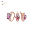Conjunto de joyas de oro rosa en dos tonos con solitario de corte ovalado redondeado y atenuación de circonita cúbica púrpura y anillos