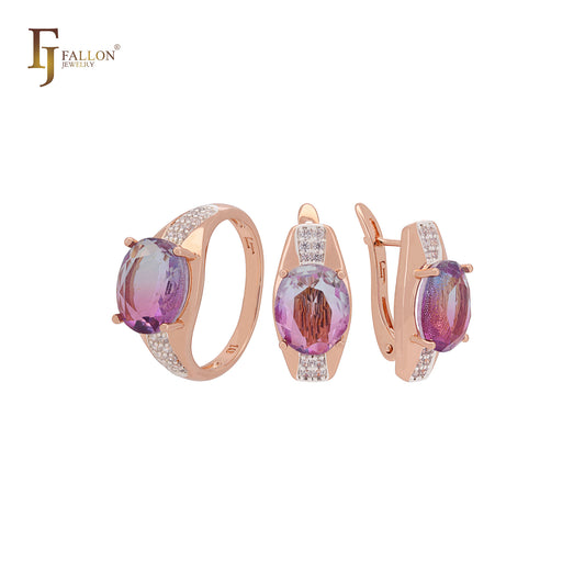 Conjunto de joyas de oro rosa en dos tonos con solitario de corte ovalado redondeado y atenuación de circonita cúbica púrpura y anillos