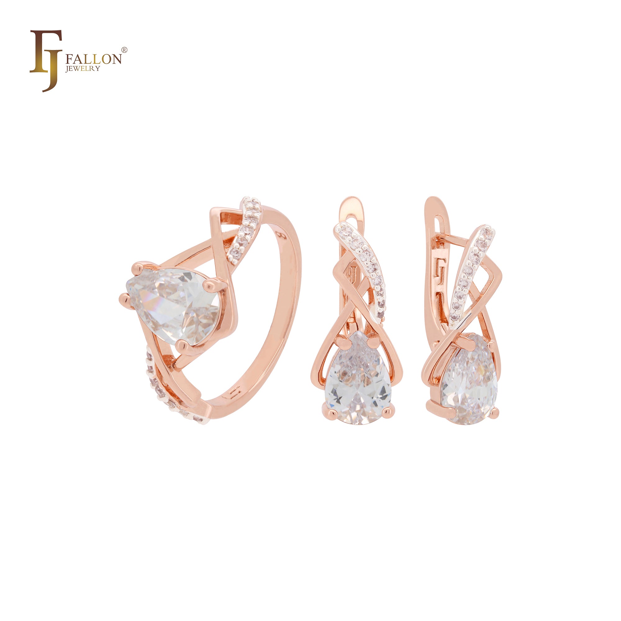 Gekreuztes, krallenförmiges, birnenförmiges, scharlachrotes Zirkonia-Schmuckset aus Roségold mit Ringen