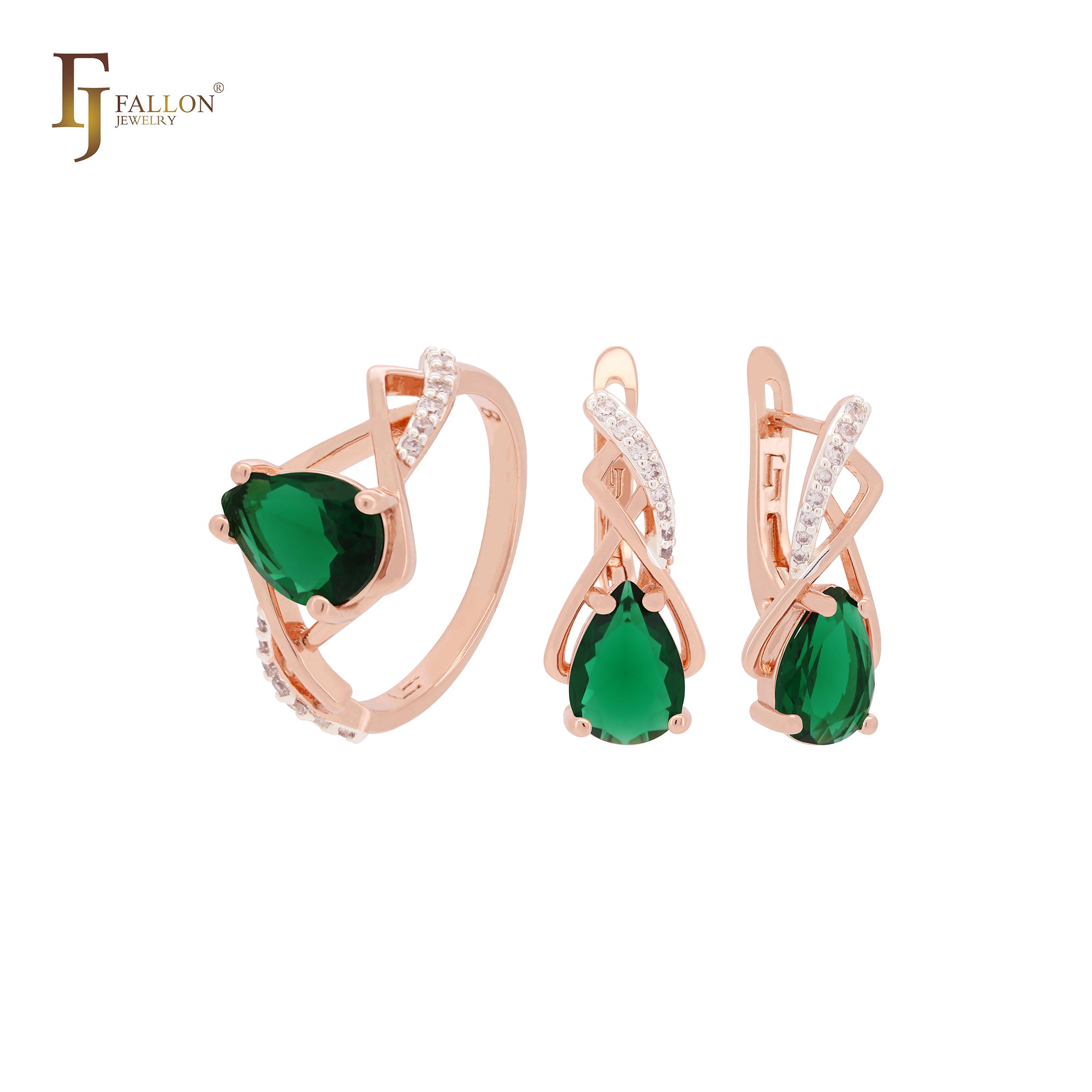 Gekreuztes, krallenförmiges, birnenförmiges, scharlachrotes Zirkonia-Schmuckset aus Roségold mit Ringen