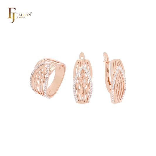 Overlapping thousand crossing net of white CZs  Rose Gold two tone Jewelry Set with Rings