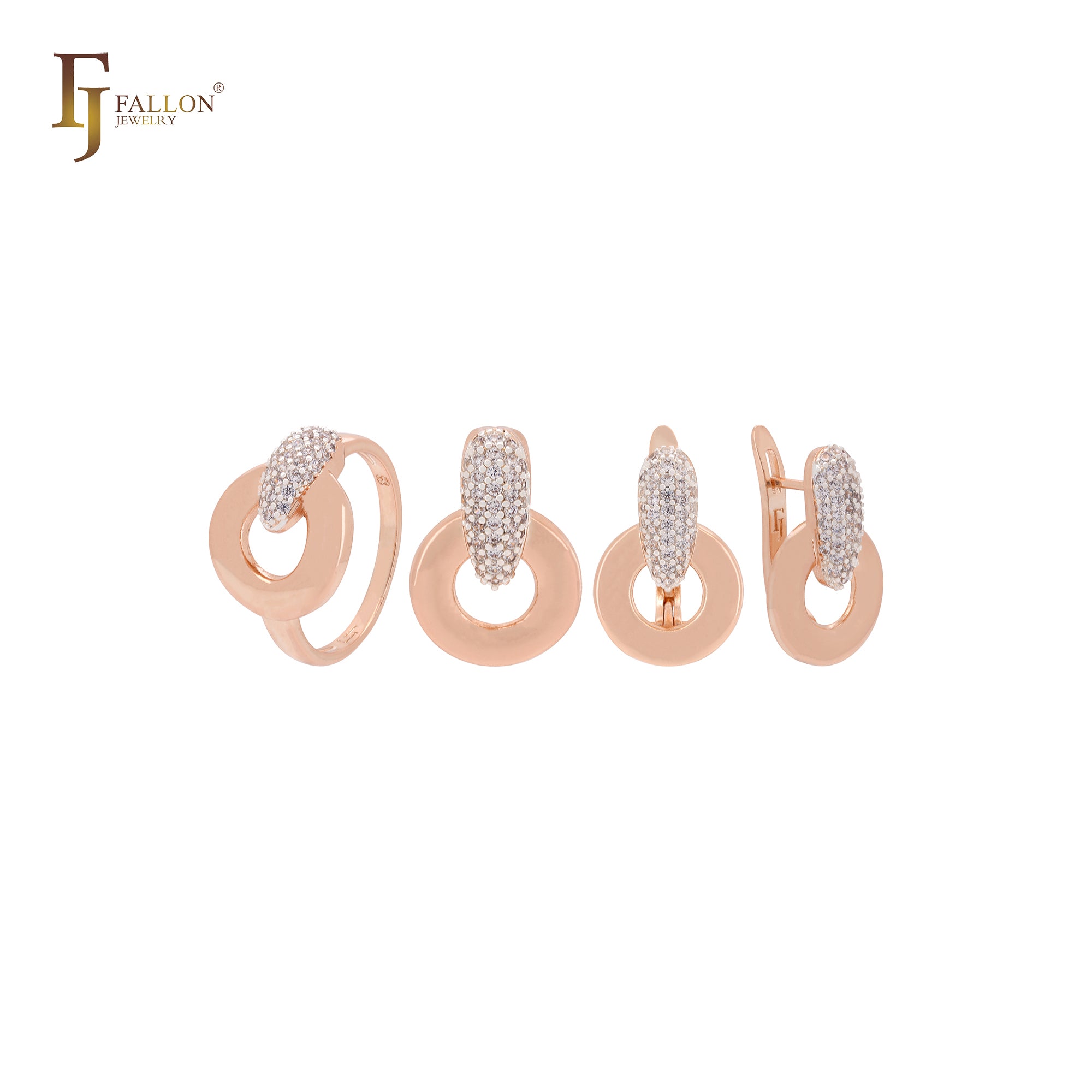 Wunderschönes luxuriöses zweifarbiges Schmuckset aus Roségold mit weißen Zirkonia-Verschlüssen, Ringen und Anhänger
