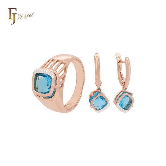 Conjunto de joyas de oro rosa de dos tonos con circonita cúbica azul lago de corte cojín solitario y anillos