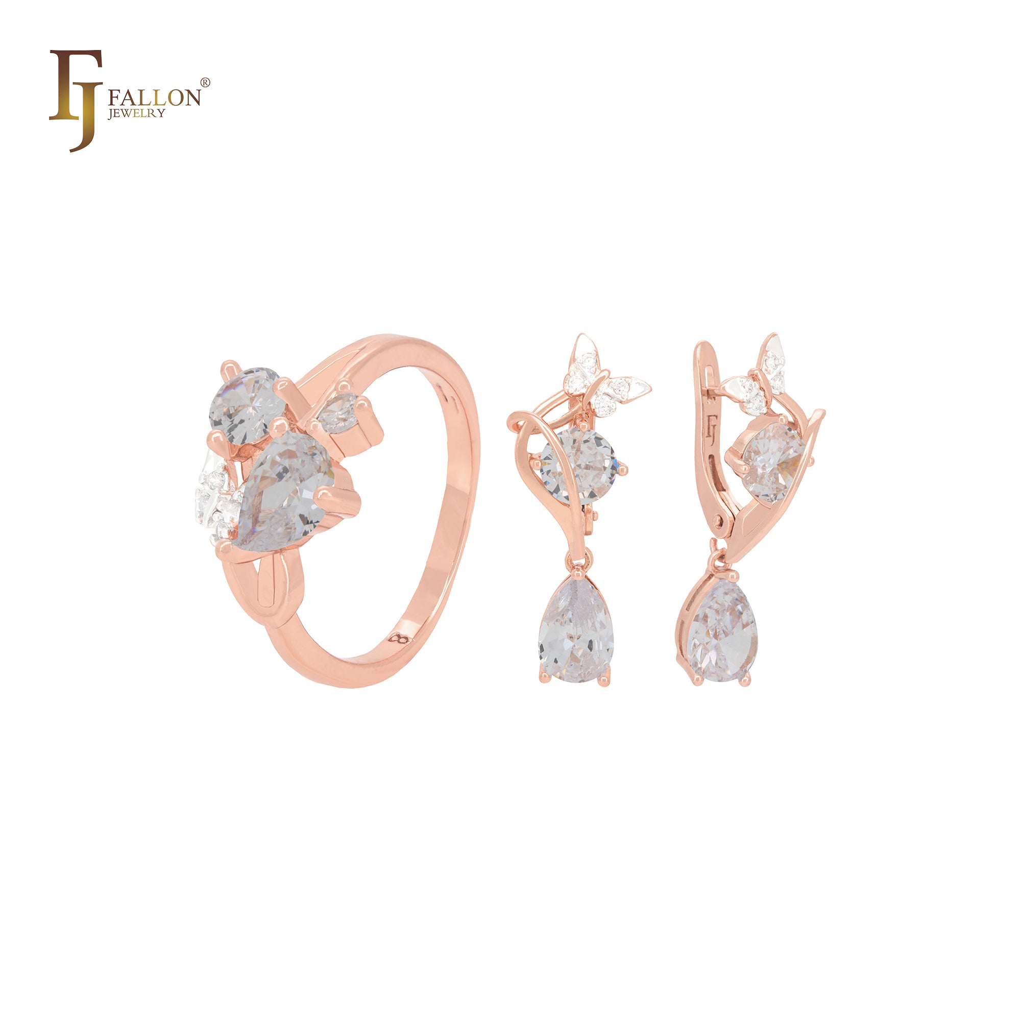 Butterfly with Lake Blue CZs Rose Gold Jewelry Set with Rings