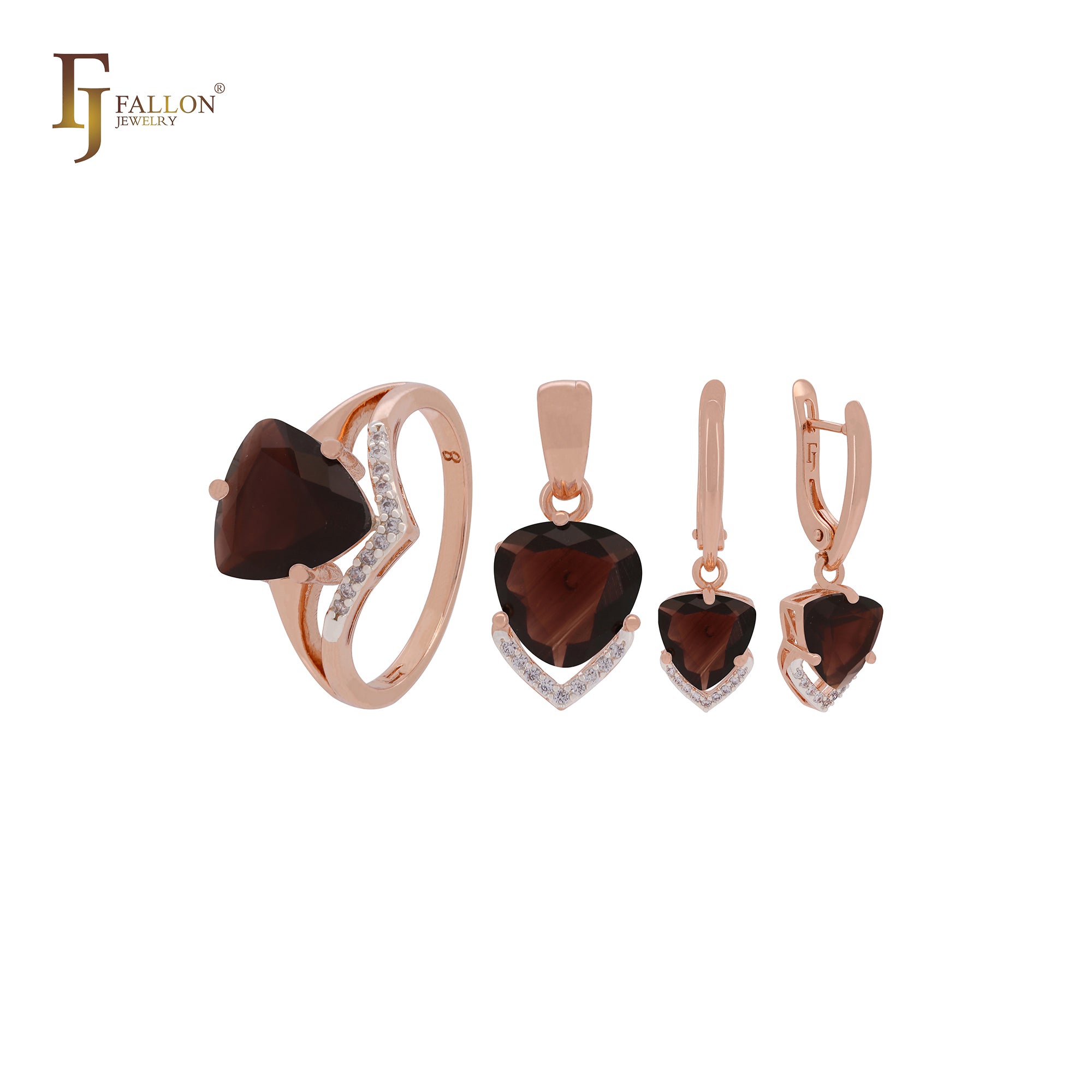 Triangular white CZ with arrow of white CZs Rose Gold two tone Jewelry Set with Rings and Pendant