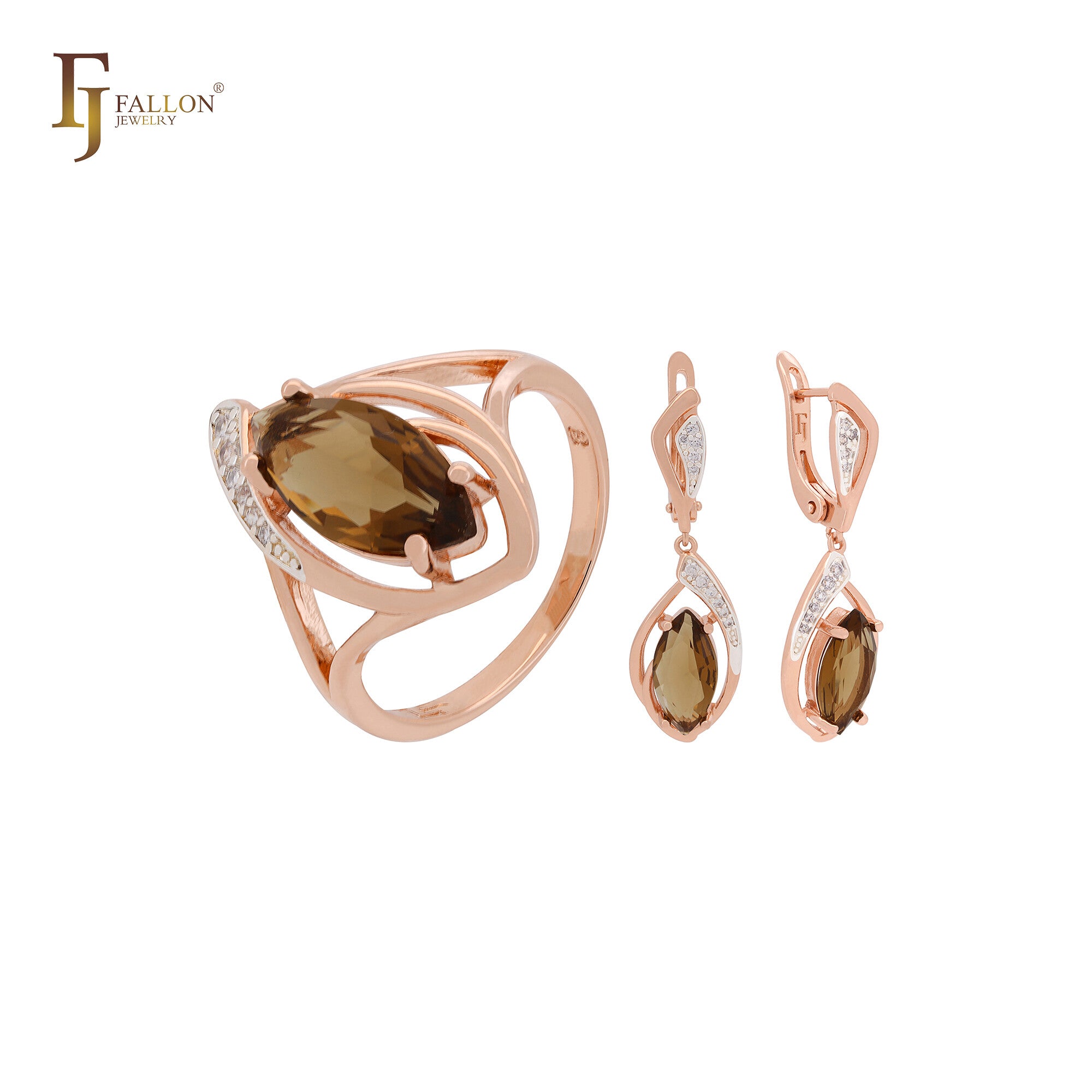 Gran solitario Marquesa café CZ oro rosa conjunto de joyas de dos tonos con anillos y colgante