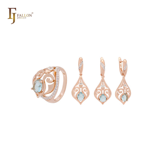 Luxuriöses Muster eines zweifarbigen Schmucksets aus Smaragd-Zirkonia-Roségold mit Ringen und Anhänger