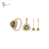 Conjunto de joyas de oro rosa solitario triangular amarillo verde manzana con anillos y colgante