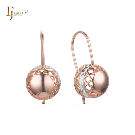 Hollow Lantern rhombus textured Rose Gold two tone Wire Hook Earrings