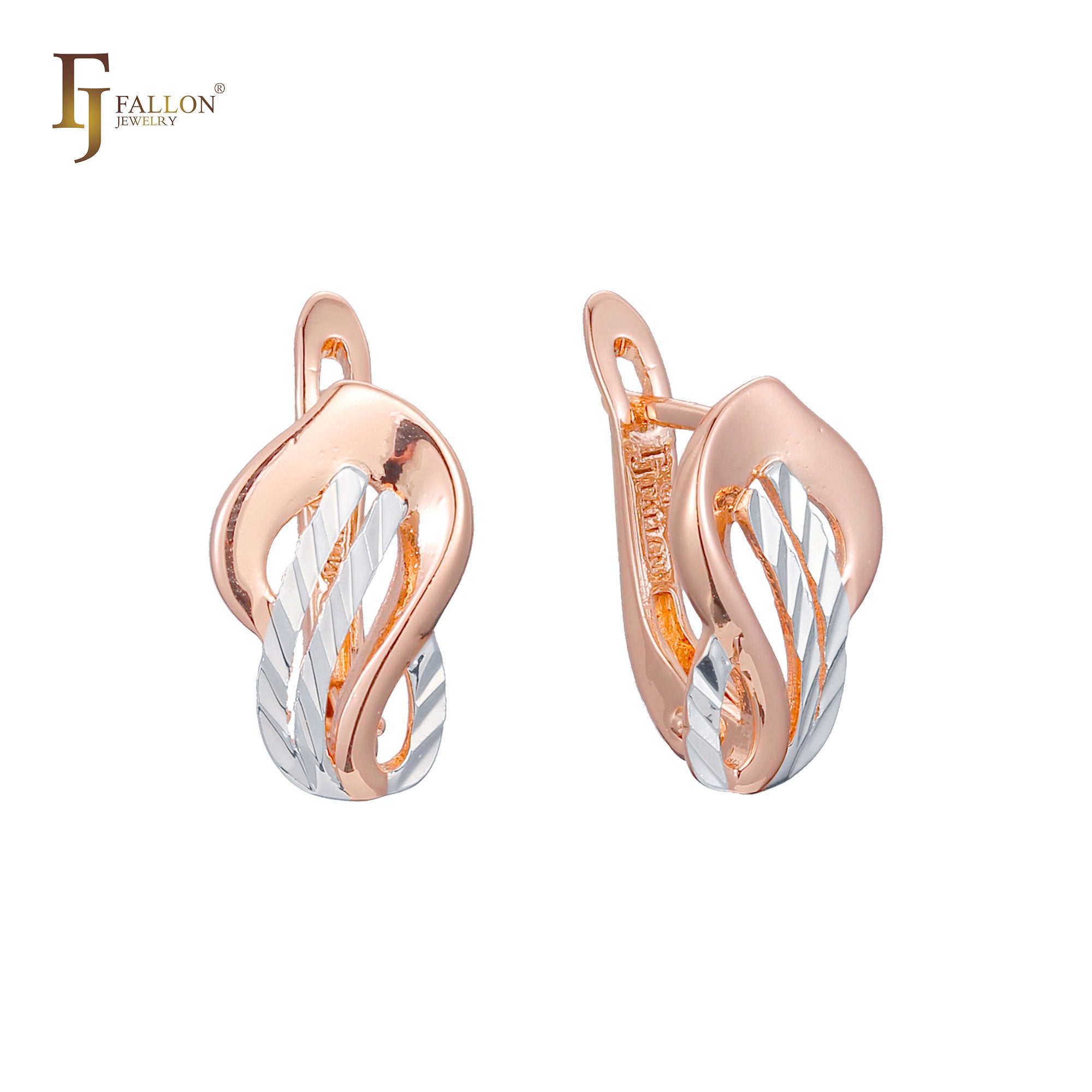 Danving leaves leaf textured 14K Gold, Rose Gold, two tone Russian Lock Earrings