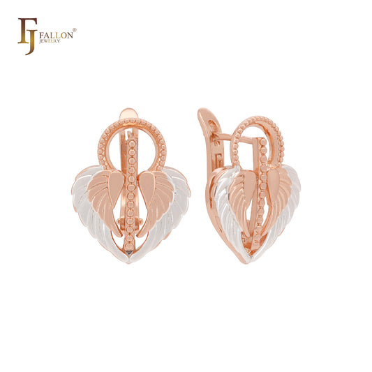 Pendientes de clip de dos tonos con grandes alas de ángel y plumas en oro rosa