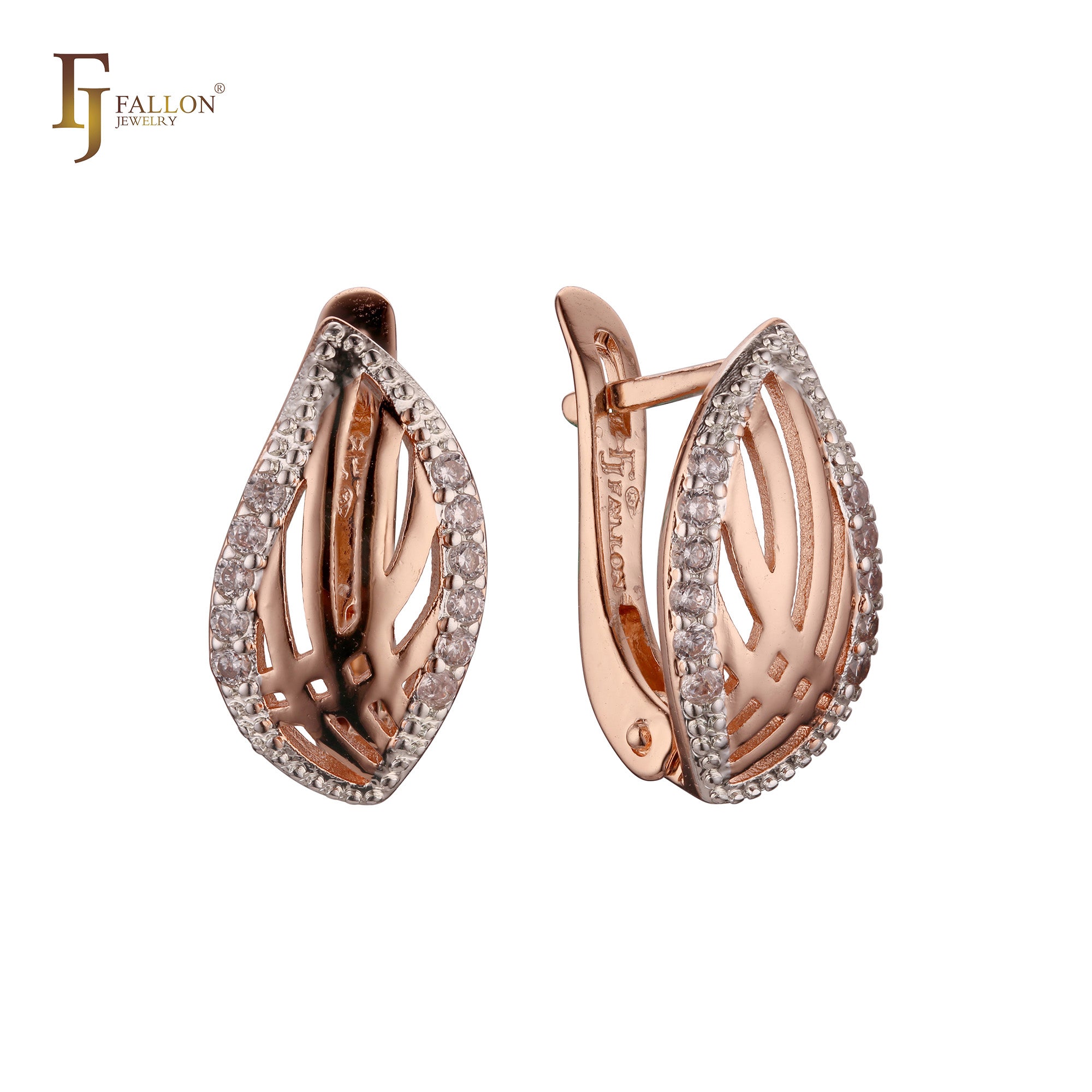 Paved white CZs on edge Leaves Rose Gold two tone Russian Lock Earrings