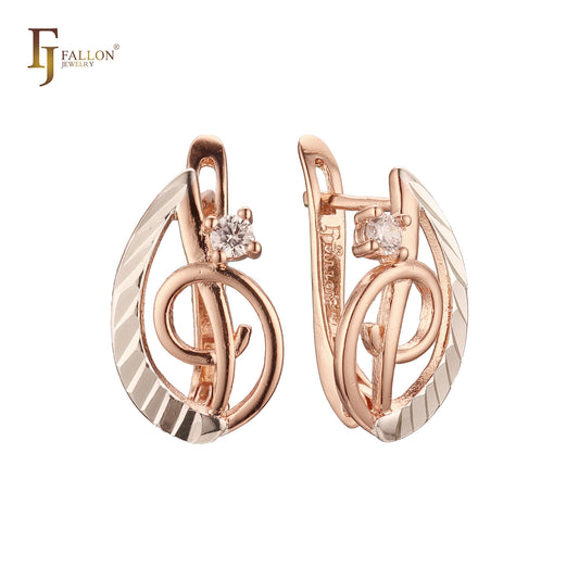 Leave of music tone white CZ Russian Lock Rose Gold Earrings