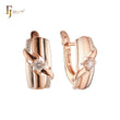 Elegant Ribbon White CZs Rose Gold two tone Russian Lock Earrings