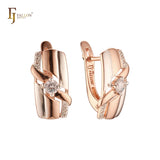 Elegant Ribbon White CZs Rose Gold two tone Russian Lock Earrings