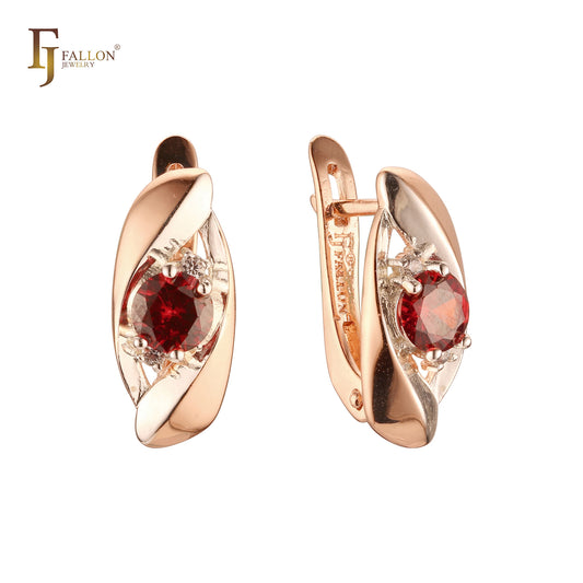 Geometric solitaire red round stone Rose Gold two tone Russian Lock Earrings