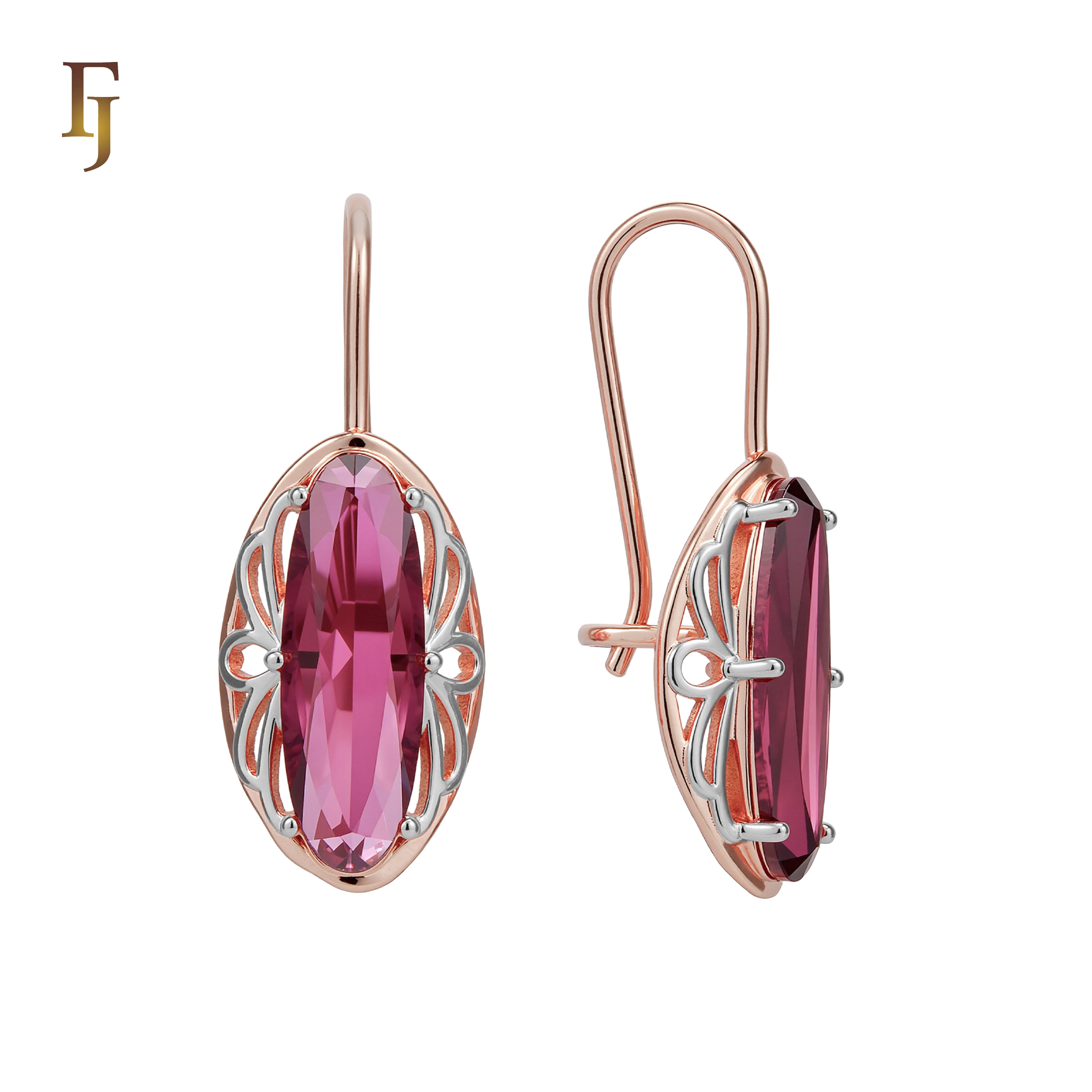 Pendientes simples de oro rosa con gancho de alambre de CZ rojo ovalado grande