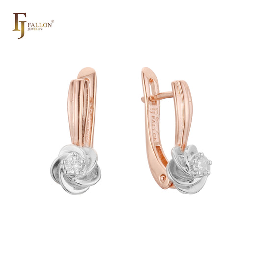Silver spinning white CZ flower Rose Gold two tone Russian Lcok Earrings