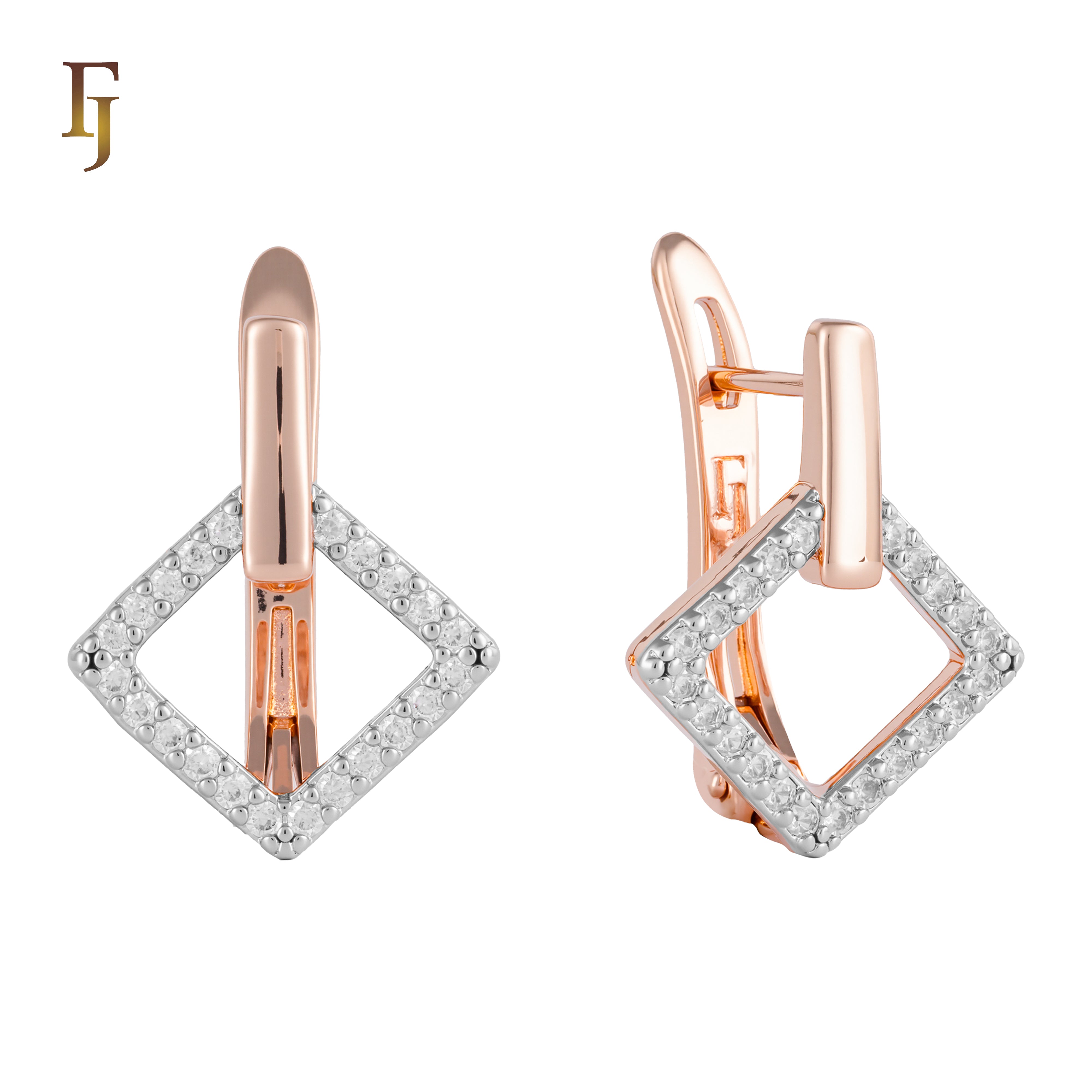 Pendientes de clip en oro rosa de dos tonos con circonitas blancas en forma de rombo