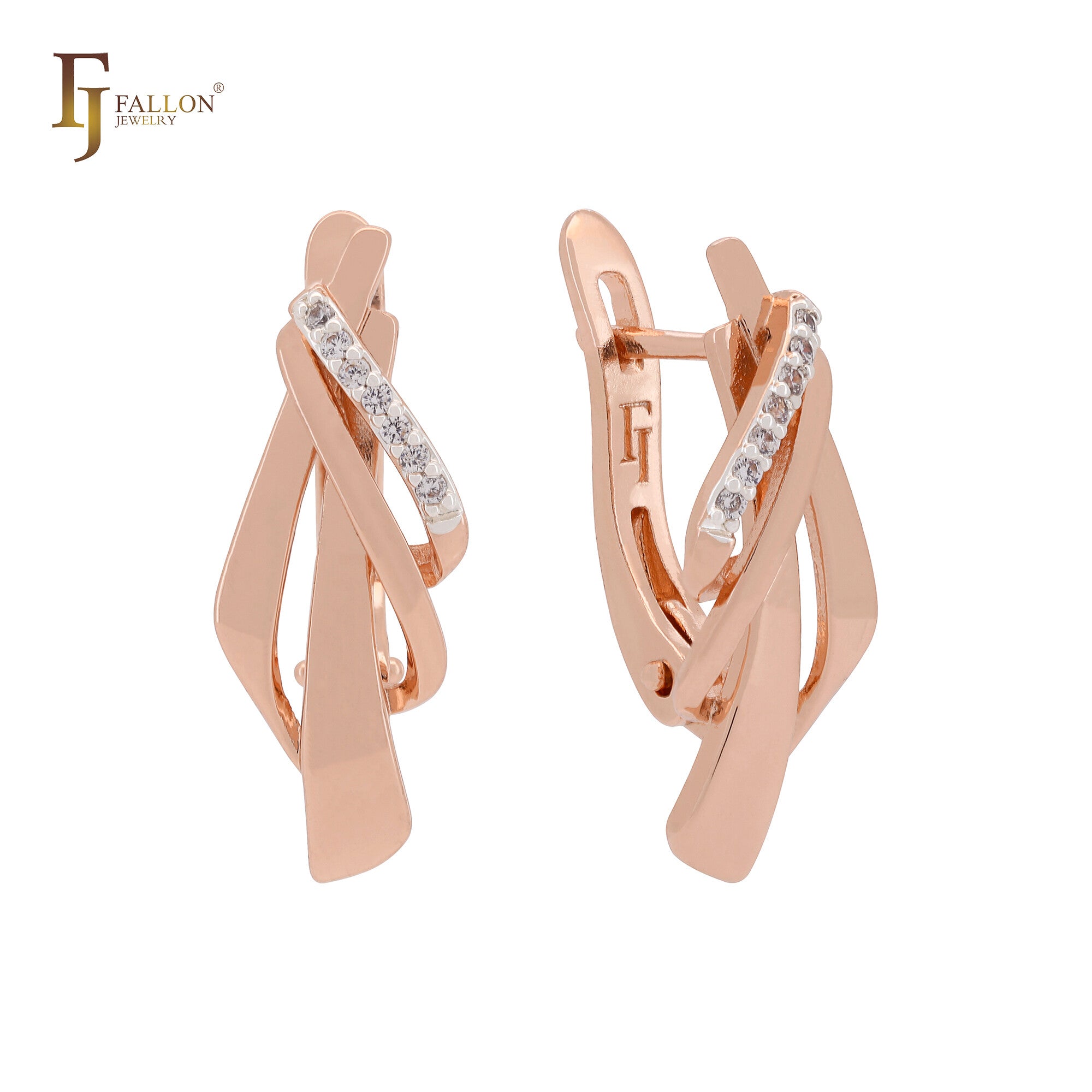Pendientes de clip de dos tonos en oro rosa con circonitas blancas y forma irregular.