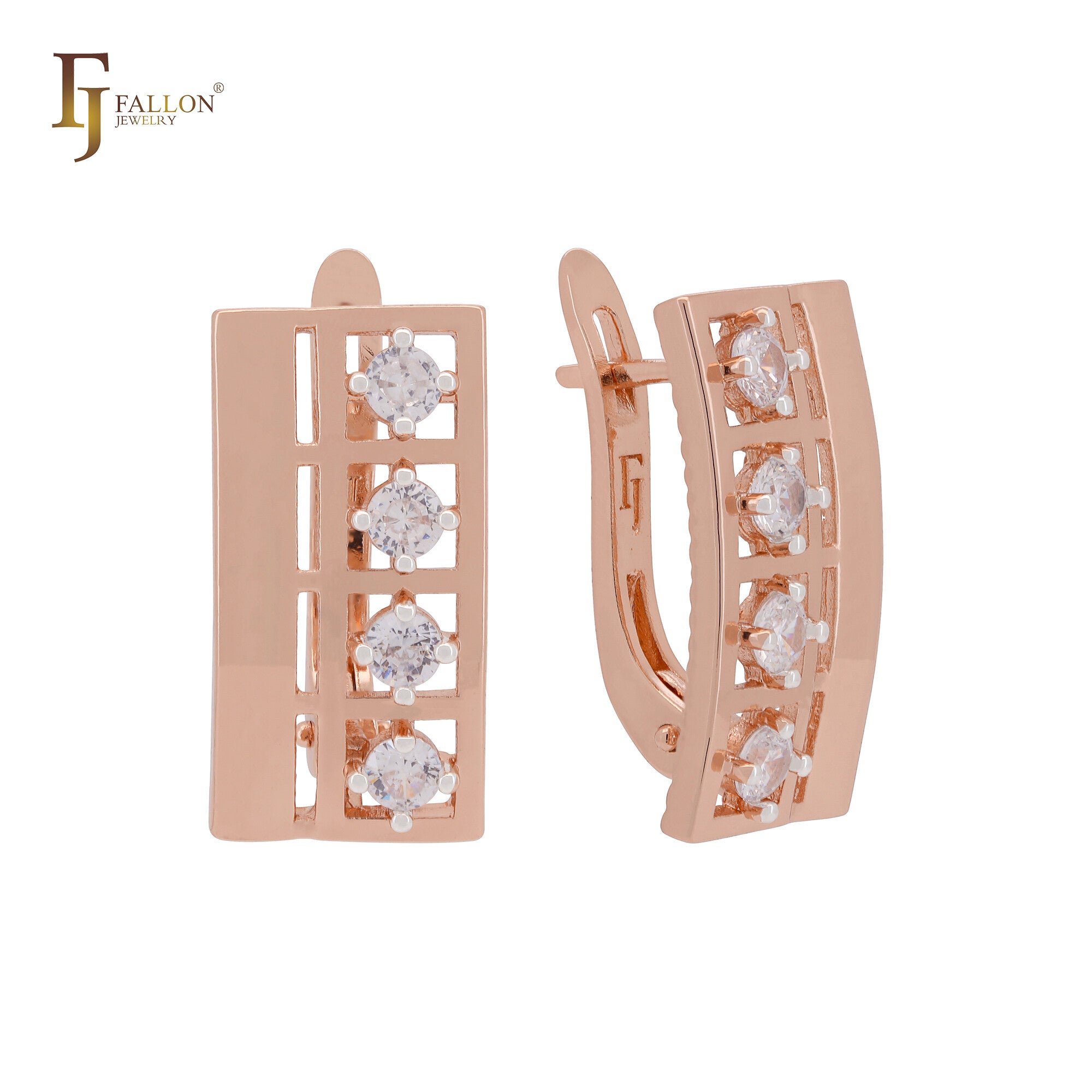 Pendientes de clip en oro rosa con cuatro circonitas blancas en forma de flanco cuadrado