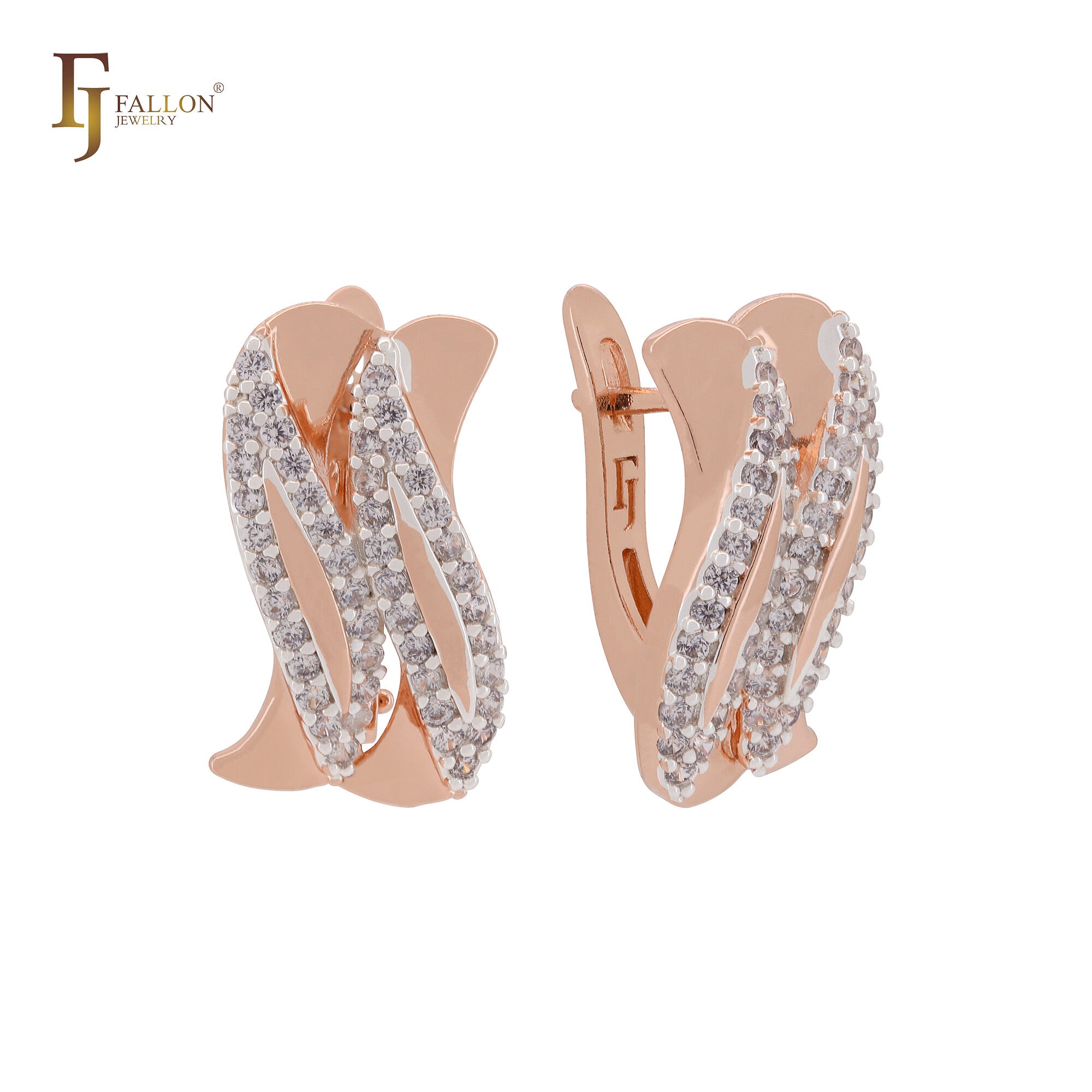 Pendientes de clip en dos tonos de oro rosa con circonitas blancas en forma de doble S