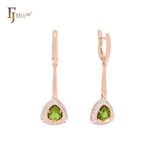 Pendientes de clip triangulares solitarios de oro rosa verde manzana amarillo