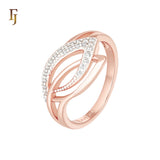 Double Leaves of silver paved white CZs cluster Rose Gold two tone Fashion Rings