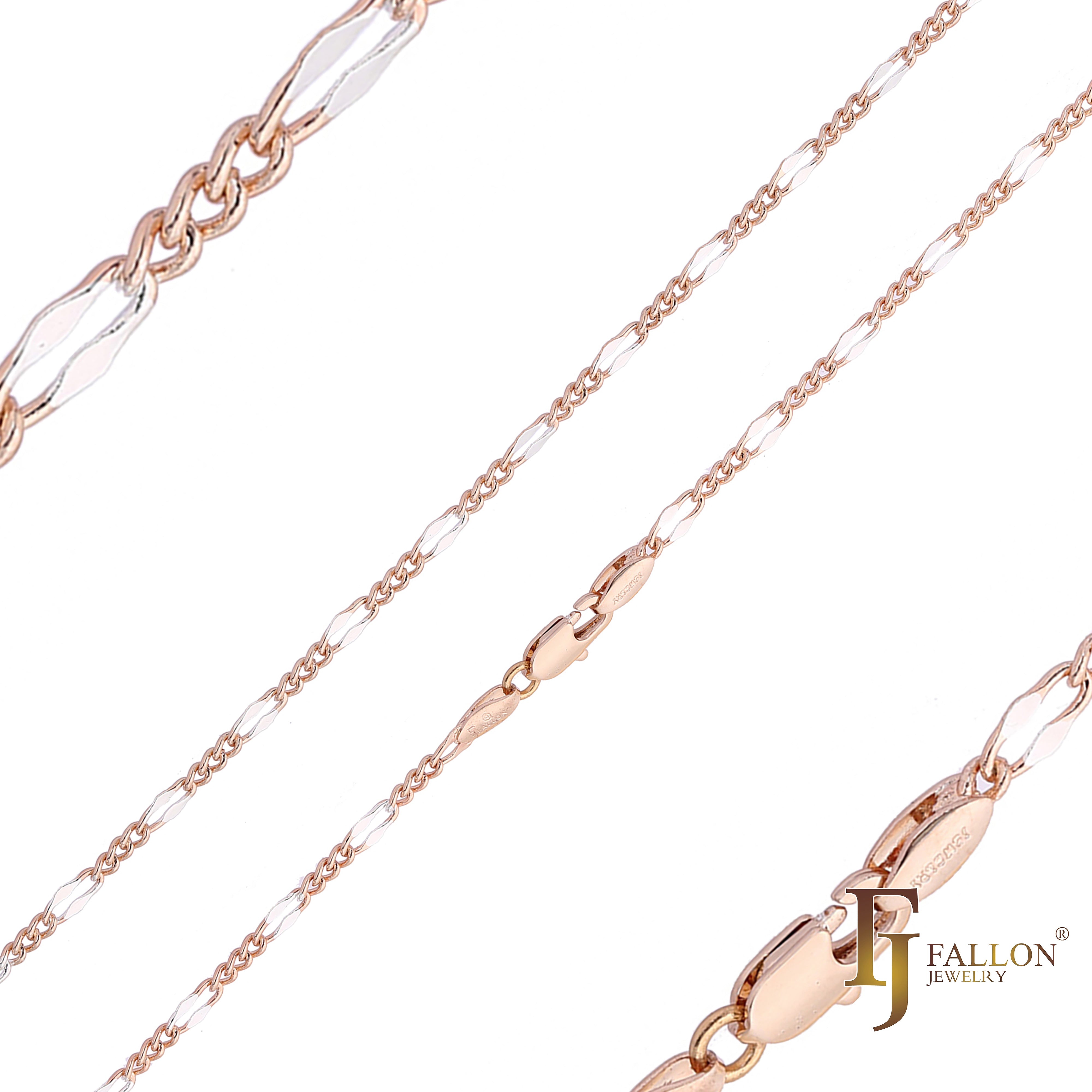 Thin Figaro Fancy cable link chains plated in 14K Gold, Rose Gold, two tone