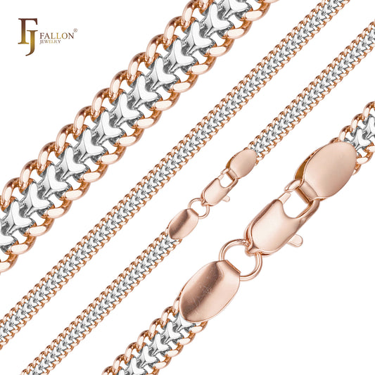 .Correntes cubanas de elo duplo bidirecional banhadas em ouro rosa, superfície de dois tons achatada SF