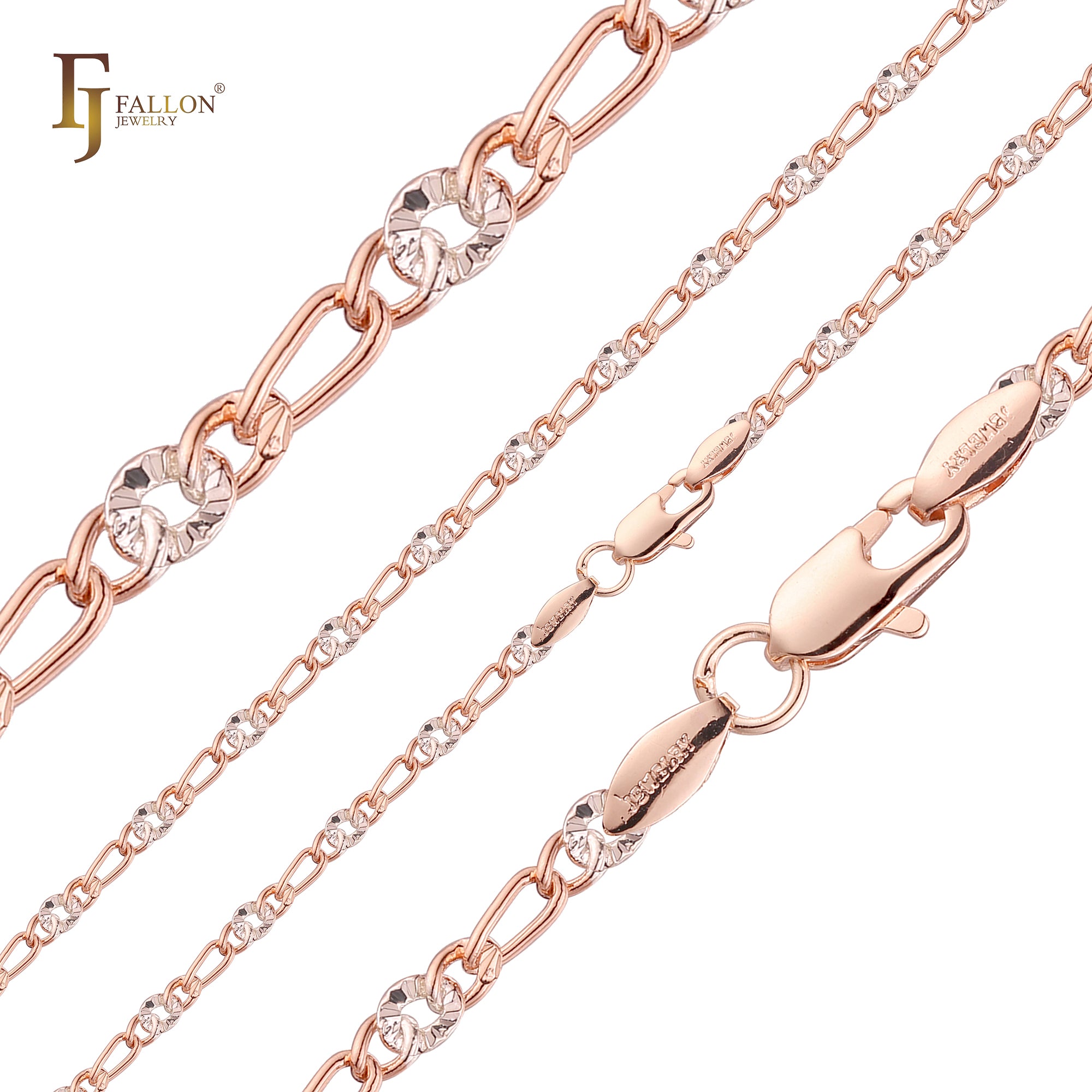 Cadenas de eslabones elegantes con diseño de rayos de sol en forma de círculo de Figaro chapadas en oro rosa de dos tonos
