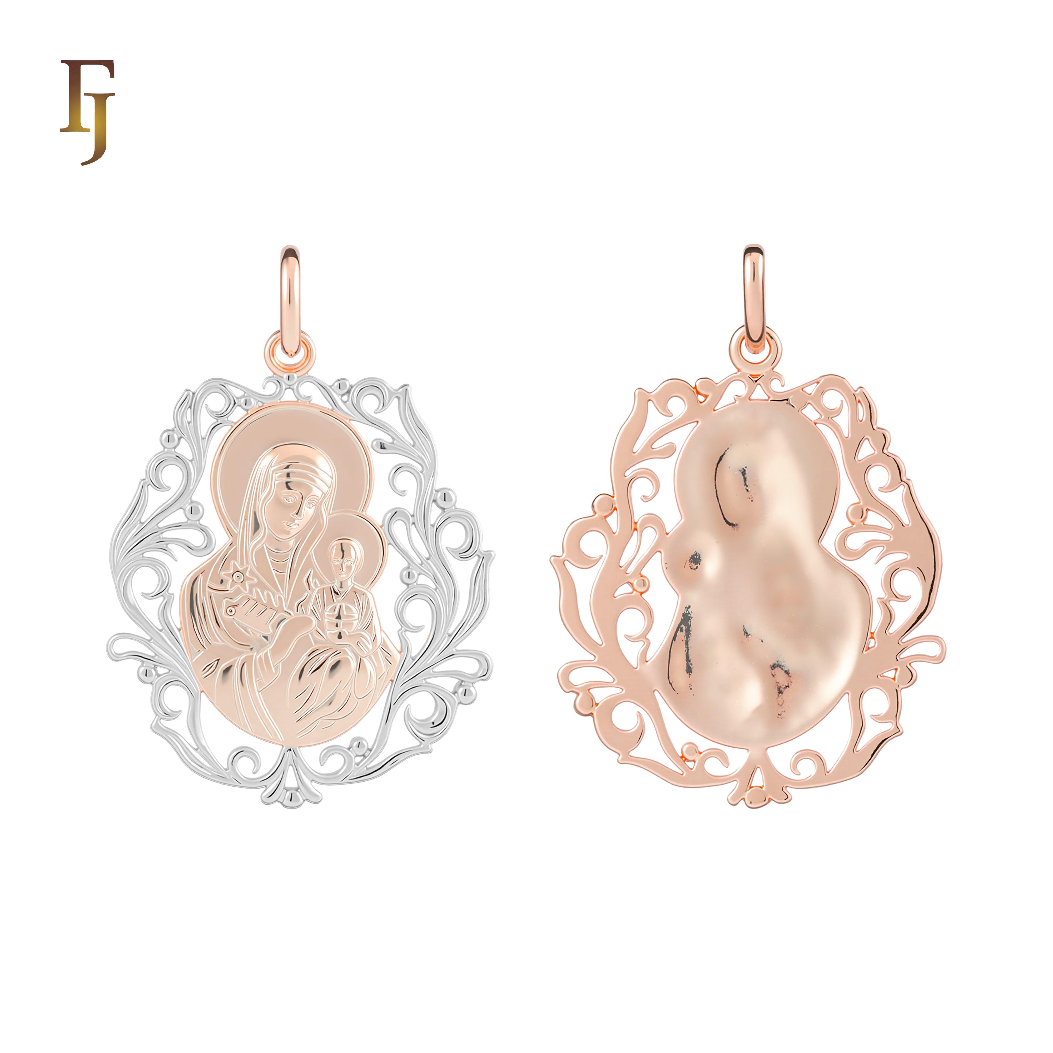 Virgin Mary Pendant in Polished Silver with Filigree Frame – Orthodox Religious Jewelry by FJ Fallon Jewelry