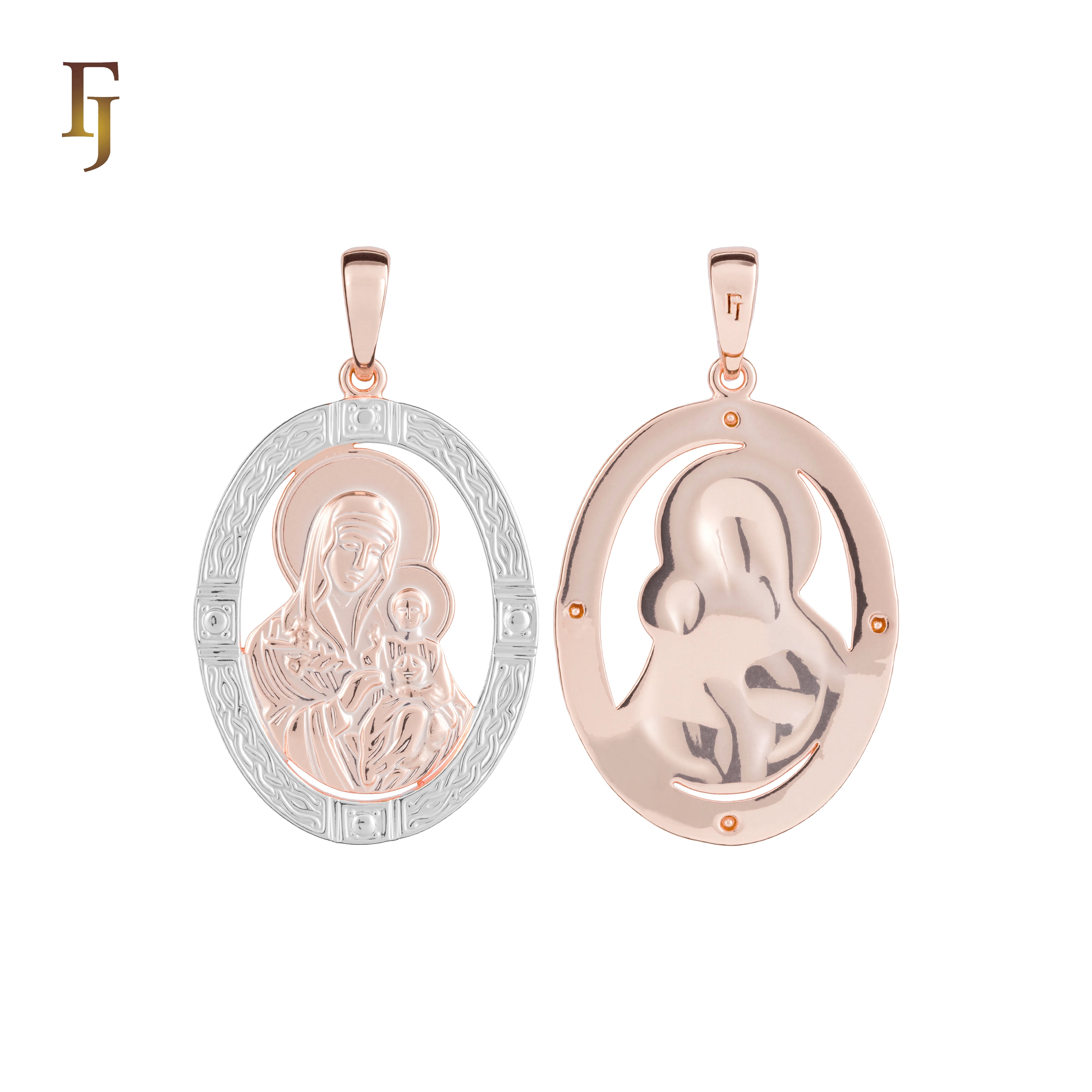 Double-Sided Orthodox Virgin Mary Pendant in Gold Plated Brass – Iconic Oval Religious Medal