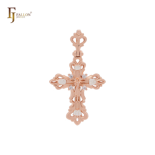 Crucifijo ortodoxo de filigrana Jesús colgante de cruz de oro rosa de dos tonos