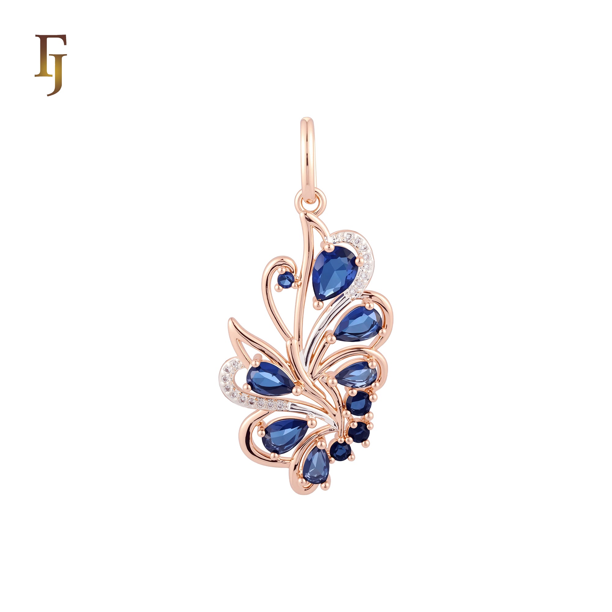 Luxurious Tip of the wing of peacock cluster deep blue Rose Gold two tone Fashion Pendant