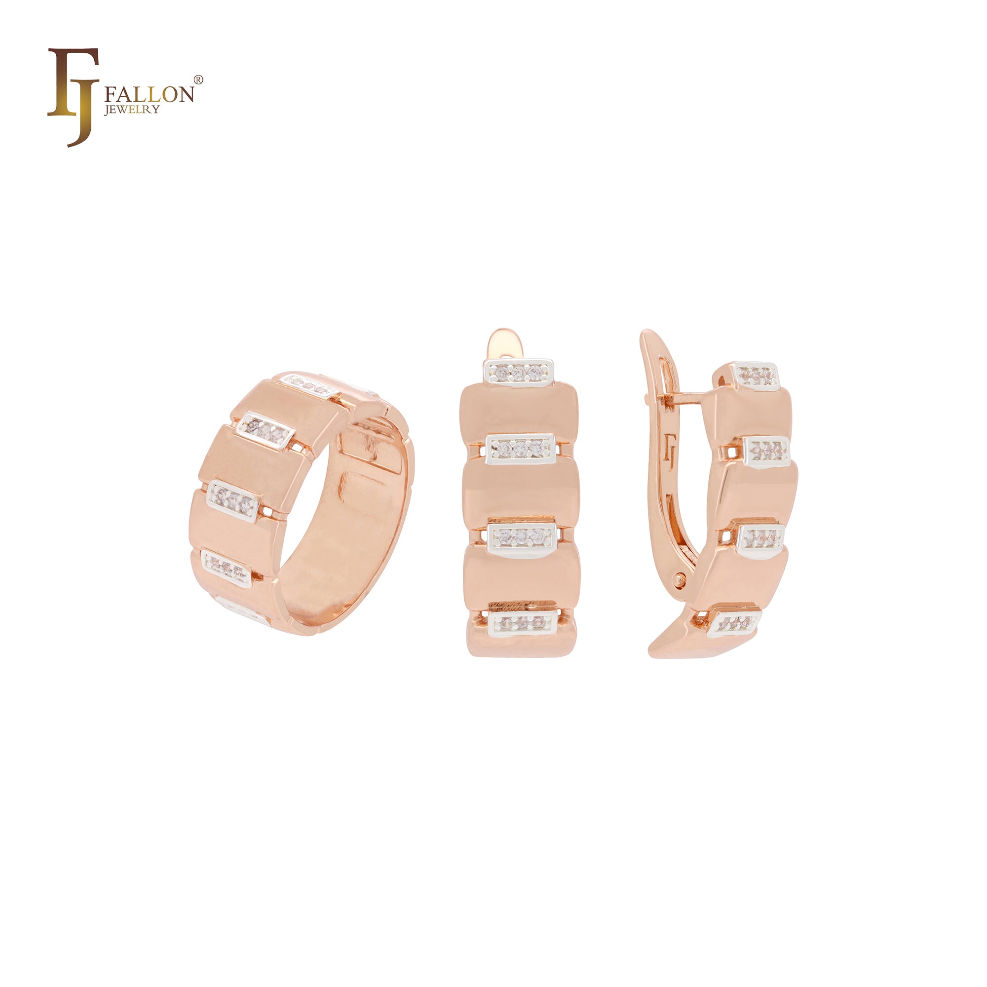 Conjunto de joyas de oro rosa de dos tonos con anillos y circonitas blancas en diseño repetitivo regular