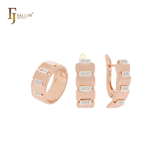 Conjunto de joyas de oro rosa de dos tonos con anillos y circonitas blancas en diseño repetitivo regular